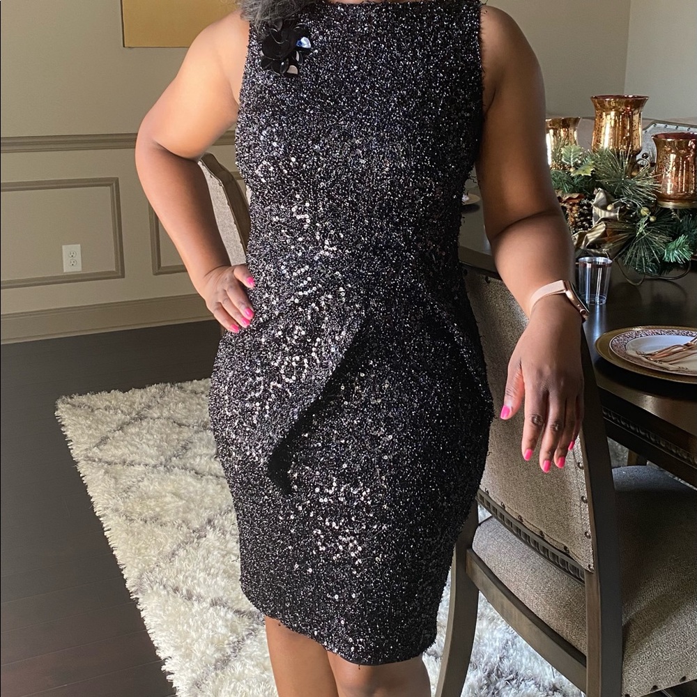 Black sequin/blinged cocktail dress by Leon Max.